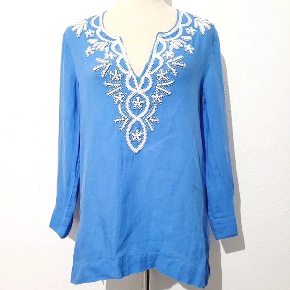 Lilly Pulitzer Linen Tunic Top Blue White Embroidered V-Neck Long Sleeve Size S - Picture 2 of 15